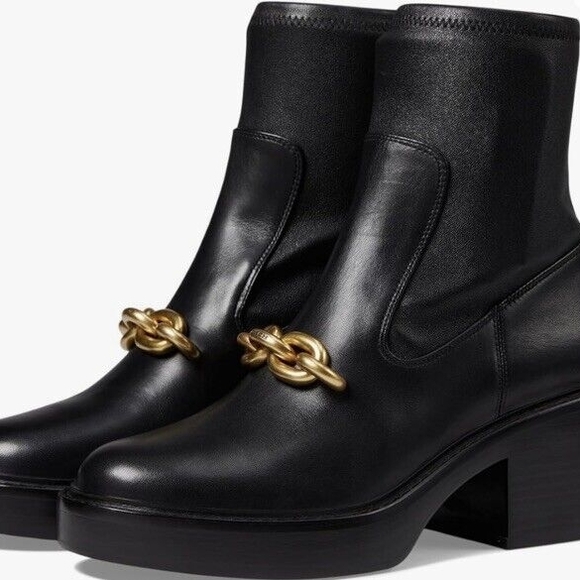 Coach Kenna Bootie Size 9 Black Leather Ankle Boots with Gold Chain Detail - Picture 4 of 10